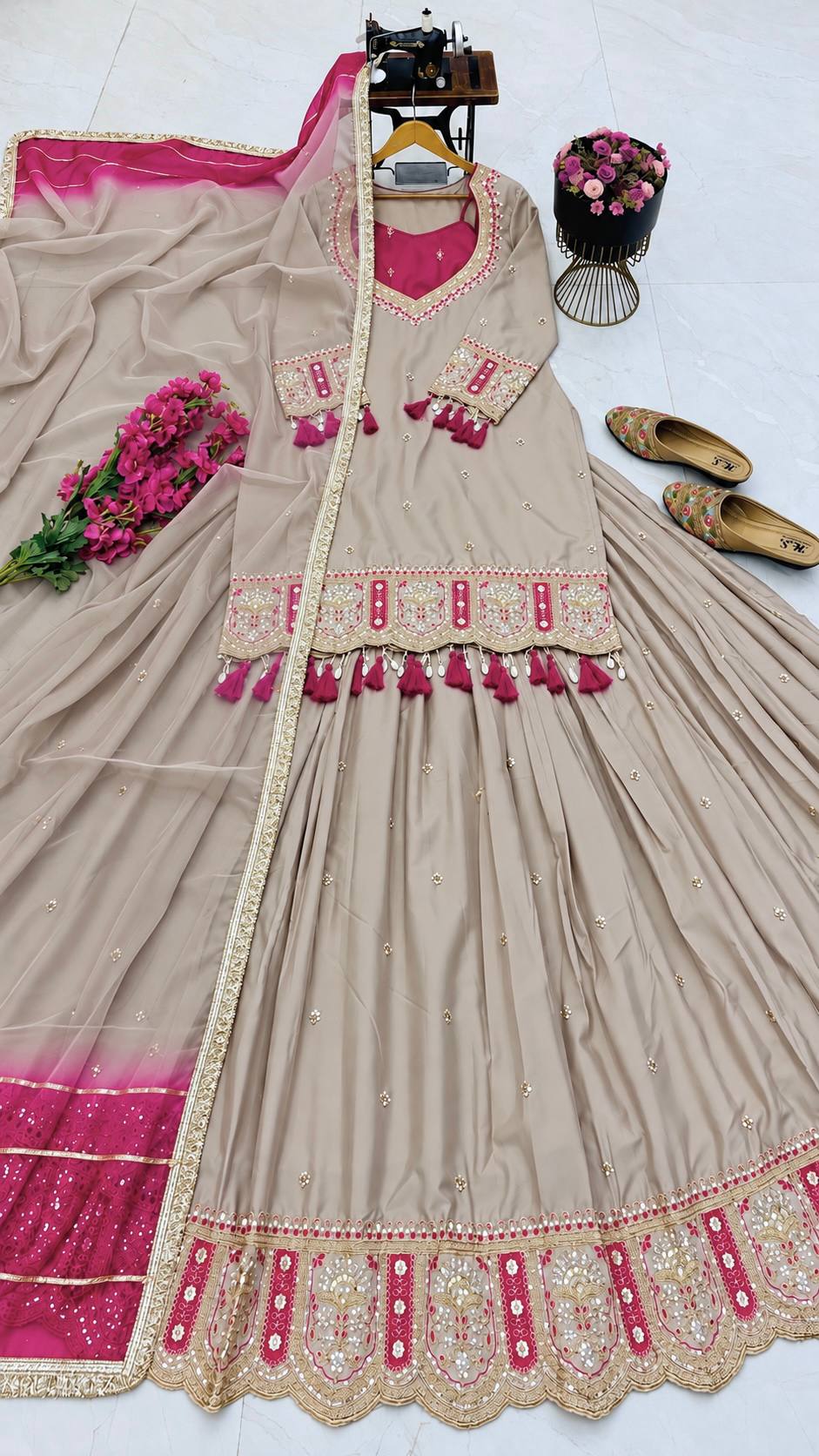 Champagne Beige Chinon Silk Embroidered Lehenga Choli Dupatta Set – NOOR ClothsVilla