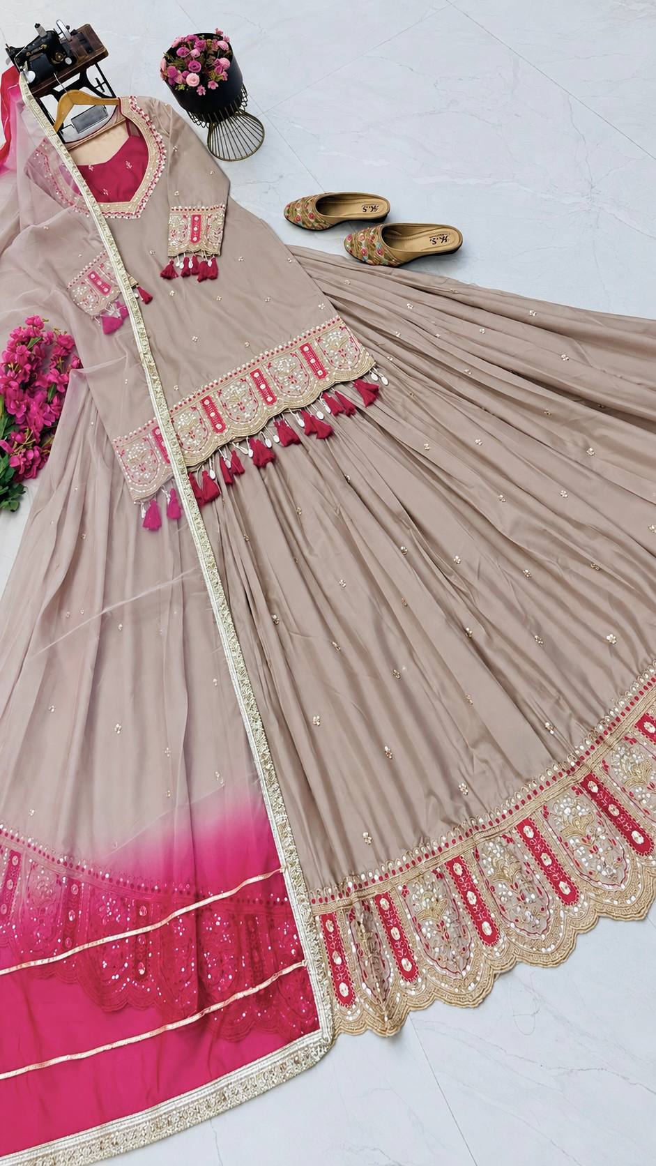 Champagne Beige Chinon Silk Embroidered Lehenga Choli Dupatta Set – NOOR ClothsVilla