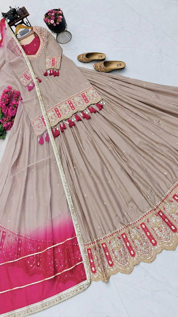 Champagne Beige Chinon Silk Embroidered Lehenga Choli Dupatta Set – NOOR ClothsVilla