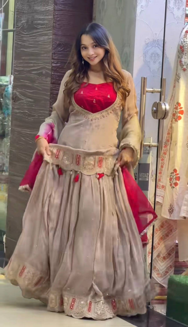 Champagne Beige Chinon Silk Embroidered Lehenga Choli Dupatta Set – NOOR ClothsVilla