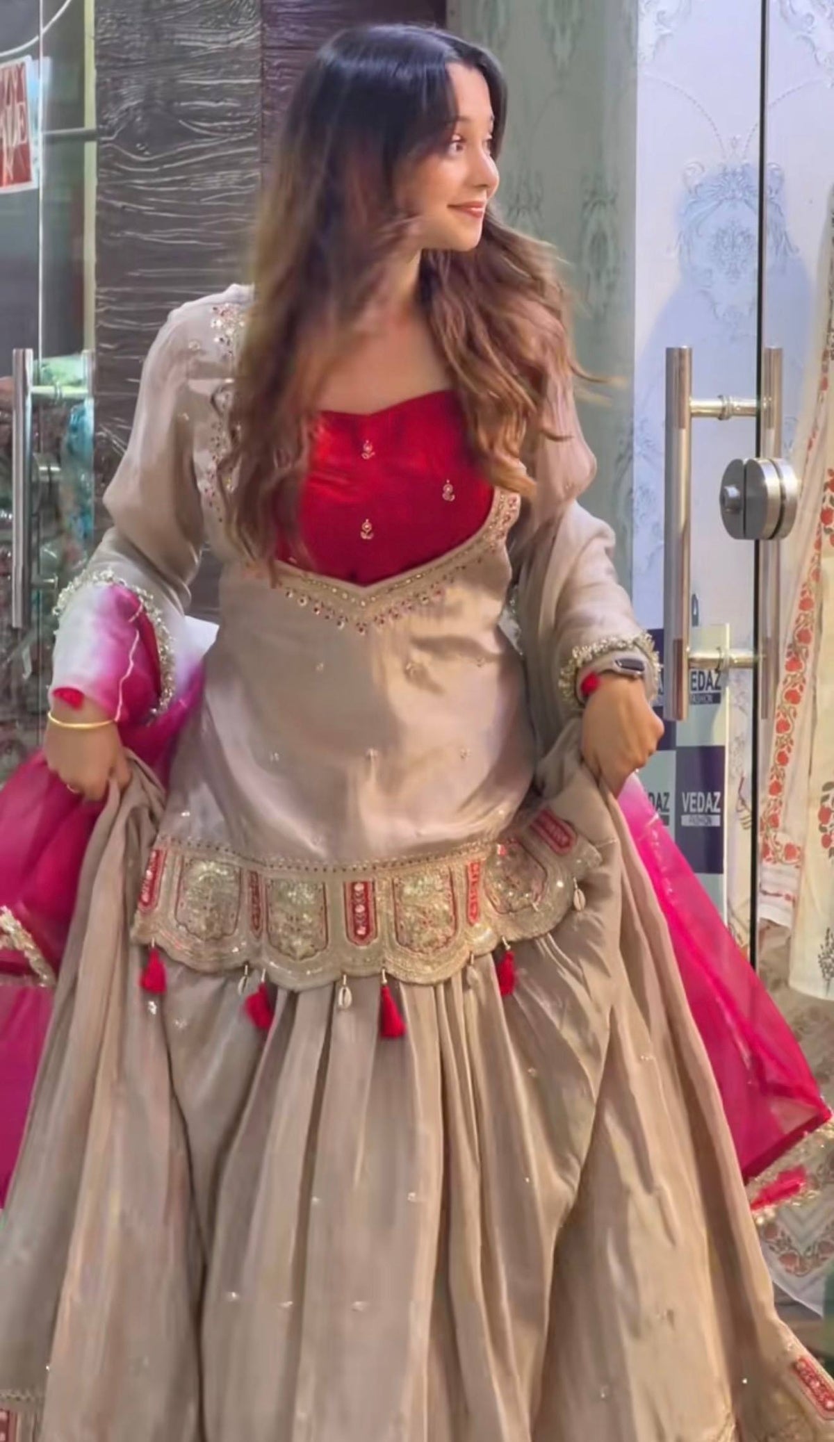 Champagne Beige Chinon Silk Embroidered Lehenga Choli Dupatta Set – NOOR ClothsVilla