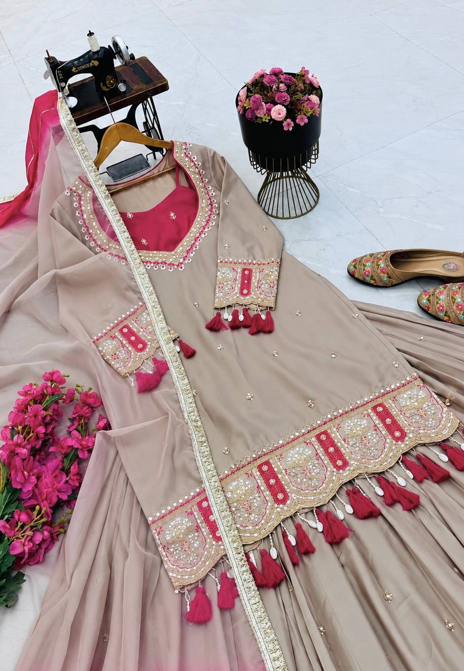Champagne Beige Chinon Silk Embroidered Lehenga Choli Dupatta Set – NOOR ClothsVilla