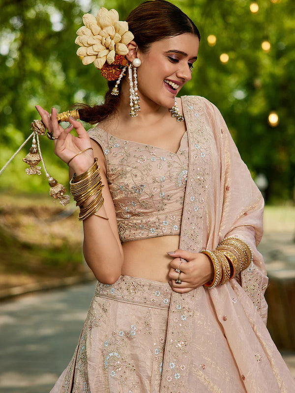 Nude Golden Tissue Lehenga Choli Set with Heavy Sequin & Thread Embroidery  Semi-Stitched Full Flare Lehenga with Ethnic Dupatta ClothsVilla
