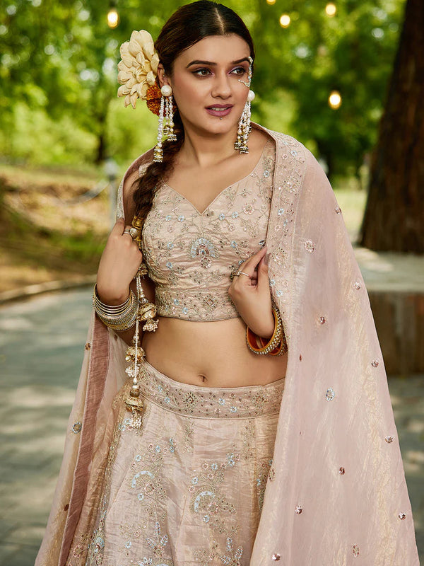 Nude Golden Tissue Lehenga Choli Set with Heavy Sequin & Thread Embroidery  Semi-Stitched Full Flare Lehenga with Ethnic Dupatta ClothsVilla