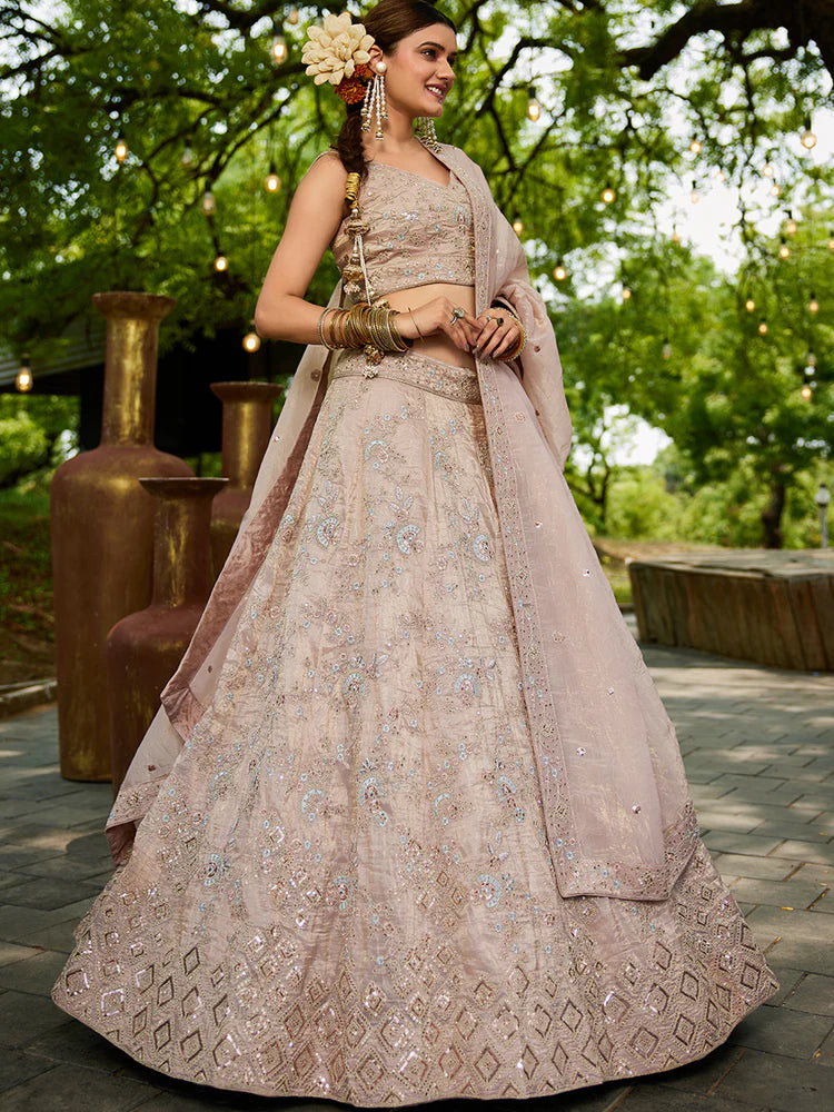 Nude Golden Tissue Lehenga Choli Set with Heavy Sequin & Thread Embroidery  Semi-Stitched Full Flare Lehenga with Ethnic Dupatta ClothsVilla