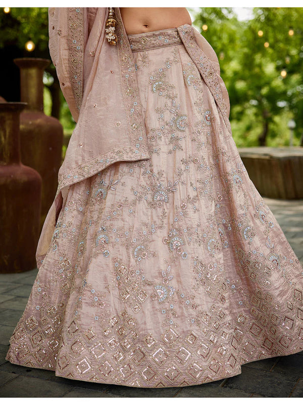 Nude Golden Tissue Lehenga Choli Set with Heavy Sequin & Thread Embroidery  Semi-Stitched Full Flare Lehenga with Ethnic Dupatta ClothsVilla