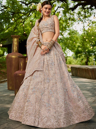 Nude Golden Tissue Lehenga Choli Set with Heavy Sequin & Thread Embroidery  Semi-Stitched Full Flare Lehenga with Ethnic Dupatta ClothsVilla