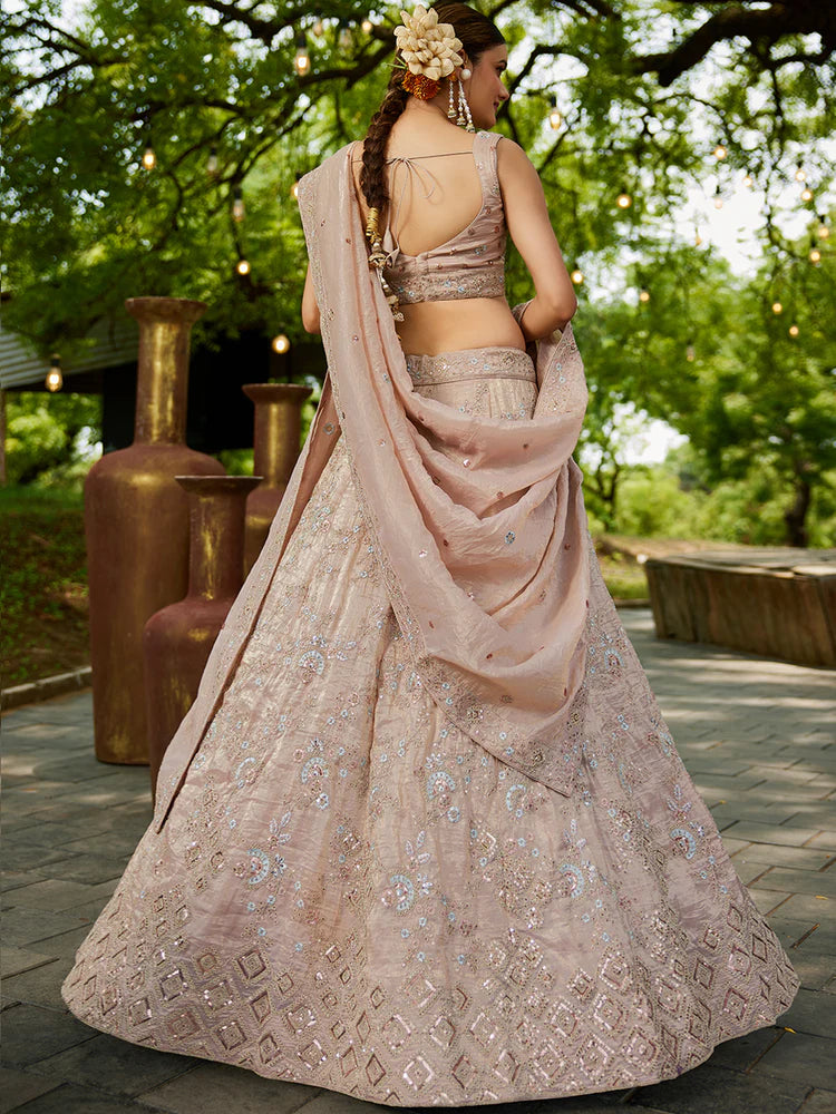 Nude Golden Tissue Lehenga Choli Set with Heavy Sequin & Thread Embroidery  Semi-Stitched Full Flare Lehenga with Ethnic Dupatta ClothsVilla