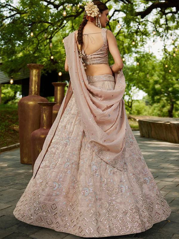 Nude Golden Tissue Lehenga Choli Set with Heavy Sequin & Thread Embroidery  Semi-Stitched Full Flare Lehenga with Ethnic Dupatta ClothsVilla