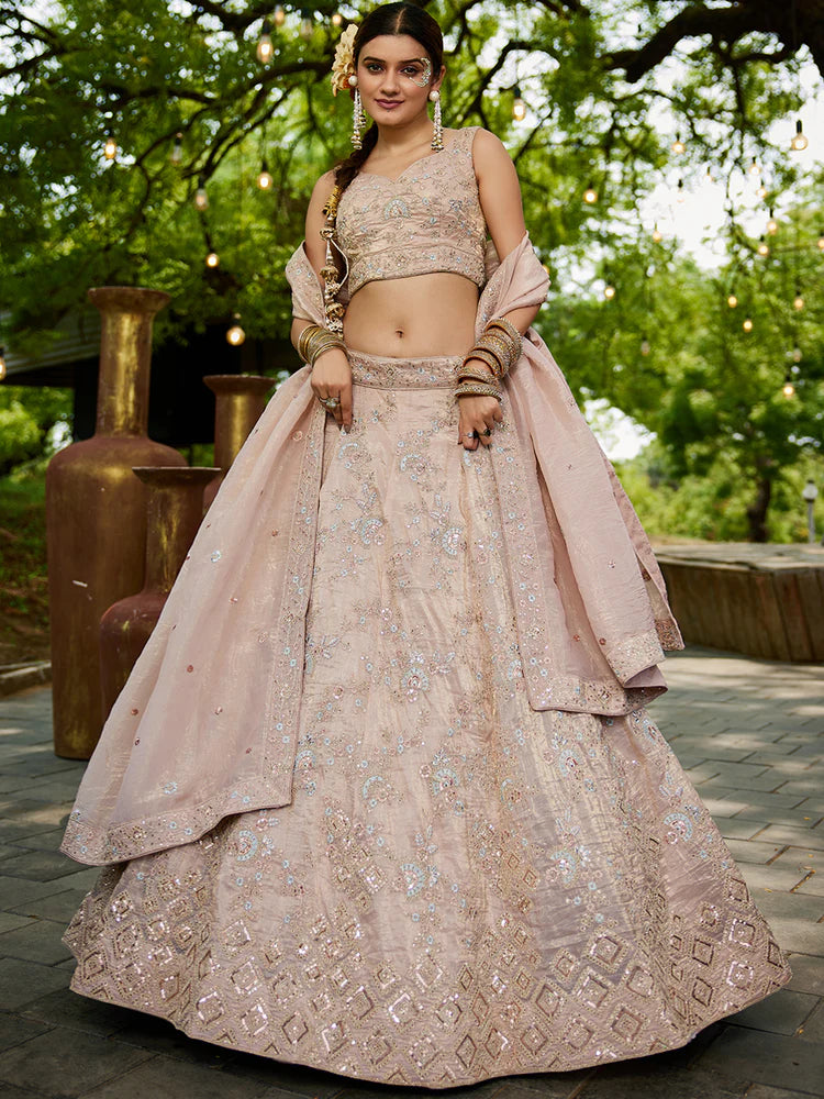 Nude Golden Tissue Lehenga Choli Set with Heavy Sequin & Thread Embroidery  Semi-Stitched Full Flare Lehenga with Ethnic Dupatta ClothsVilla