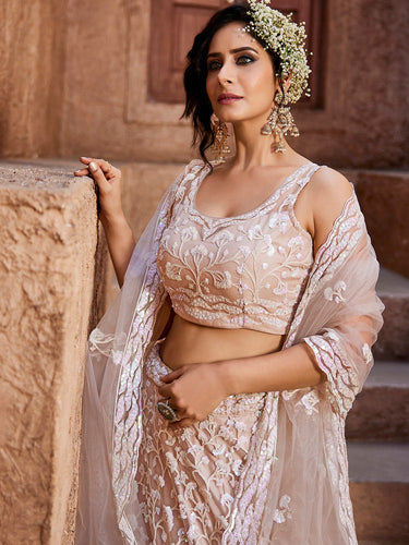 Nude Pink Net Sequinse embroidery Semi-Stitched Lehenga choli & Dupatta ClothsVilla