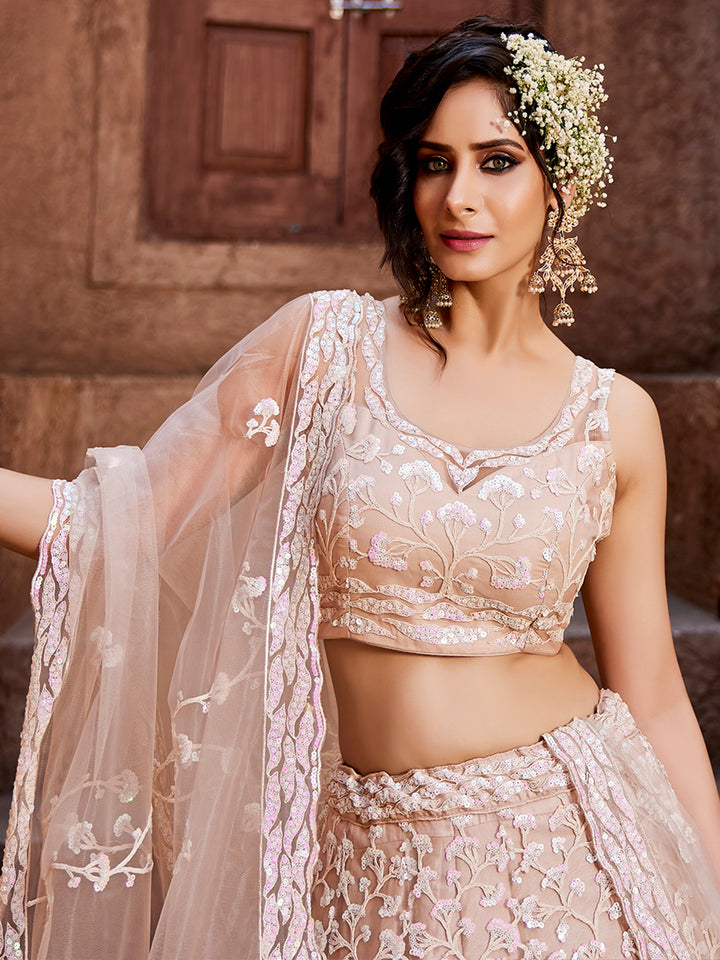 Nude Pink Net Sequinse embroidery Semi-Stitched Lehenga choli & Dupatta ClothsVilla