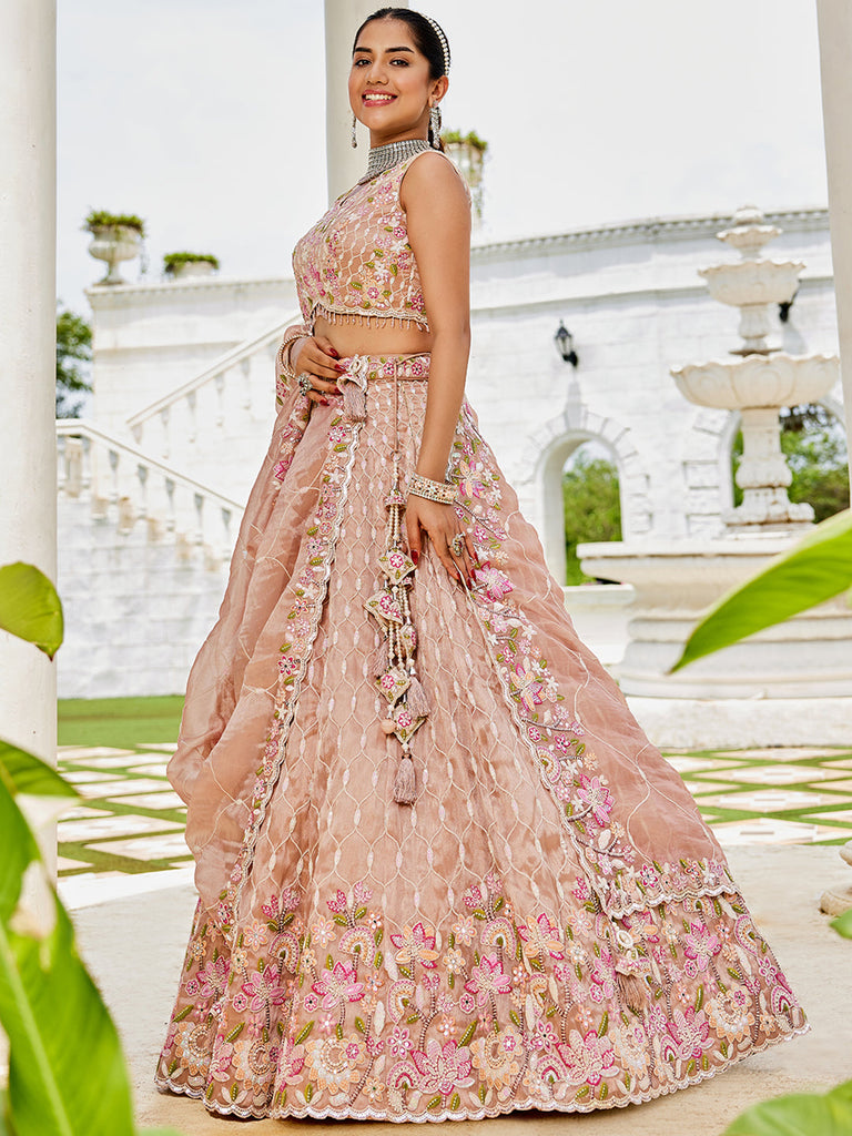 Nude Satin Silk Sequins & Embroidery Lehenga Choli with Ethnic Dupatta – 4 Meter Flair, Fully Stitched ClothsVilla
