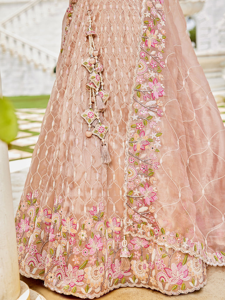 Nude Satin Silk Sequins & Embroidery Lehenga Choli with Ethnic Dupatta – 4 Meter Flair, Fully Stitched ClothsVilla
