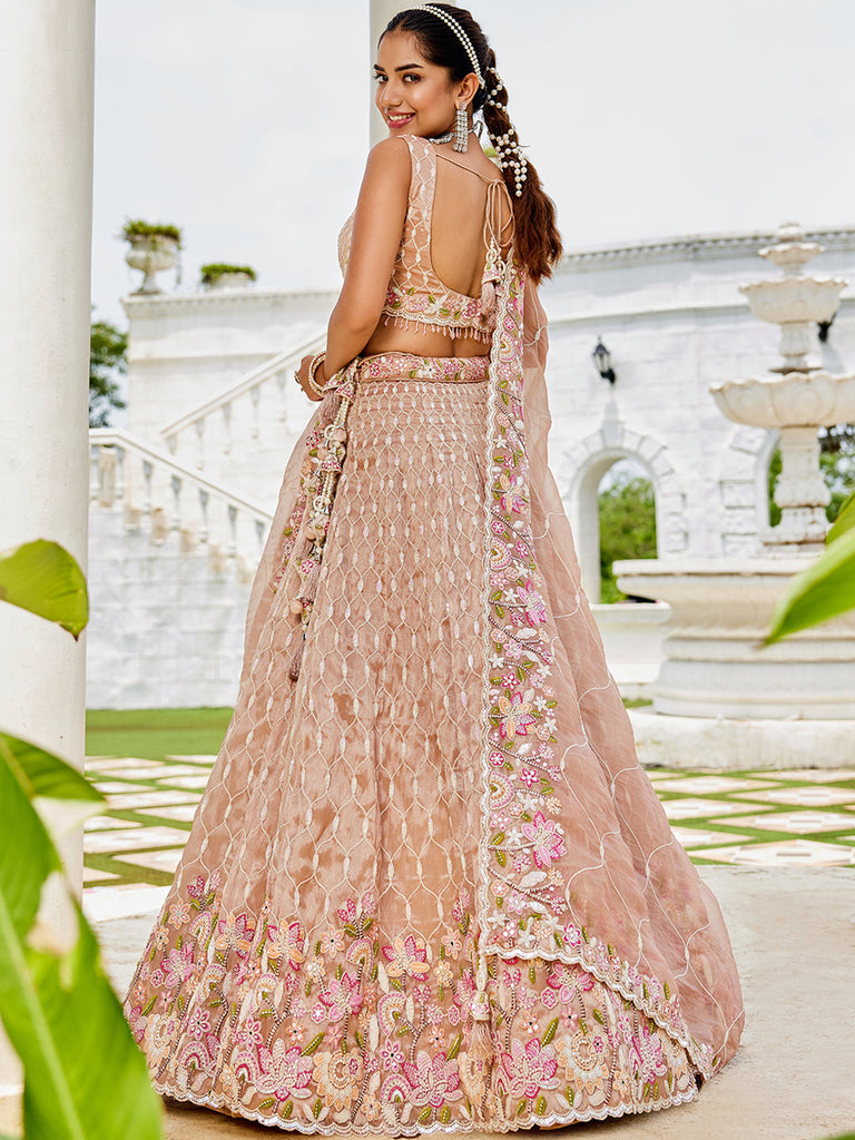 Nude Satin Silk Sequins & Embroidery Lehenga Choli with Ethnic Dupatta – 4 Meter Flair, Fully Stitched ClothsVilla