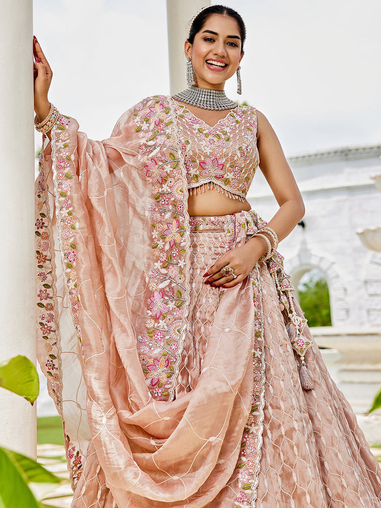 Nude Satin Silk Sequins & Embroidery Lehenga Choli with Ethnic Dupatta – 4 Meter Flair, Fully Stitched ClothsVilla