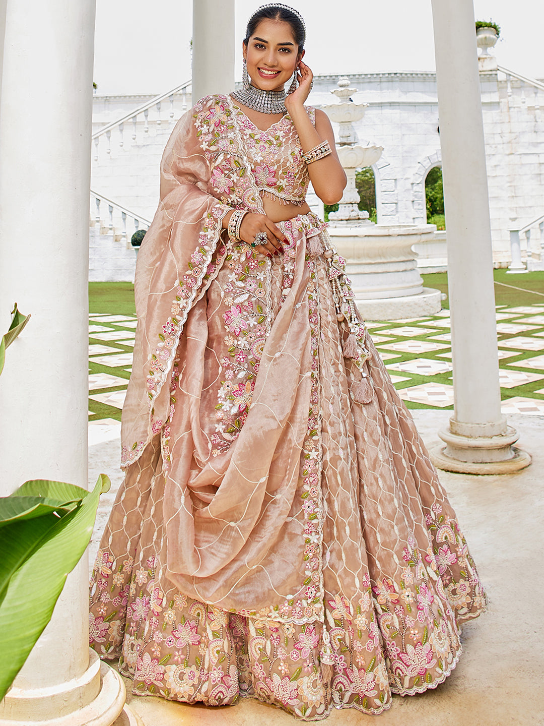Nude Satin Silk Sequins & Embroidery Lehenga Choli with Ethnic Dupatta – 4 Meter Flair, Fully Stitched ClothsVilla Main image