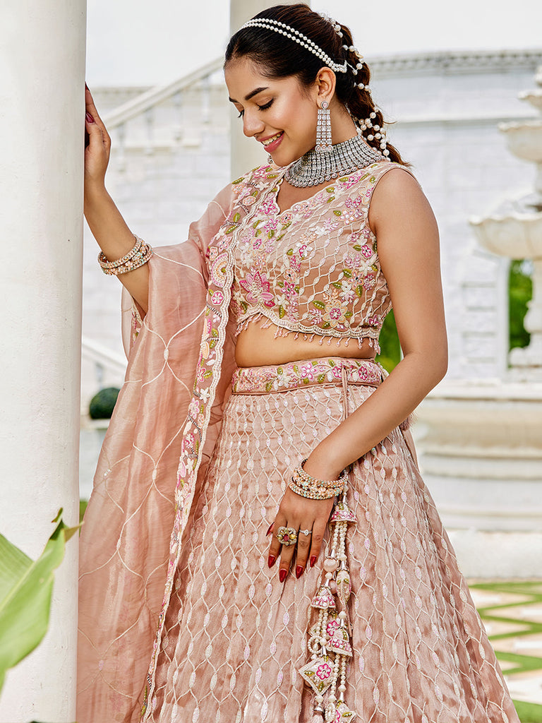 Nude Satin Silk Sequins & Embroidery Lehenga Choli with Ethnic Dupatta – 4 Meter Flair, Fully Stitched ClothsVilla