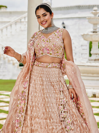 Nude Satin Silk Sequins & Embroidery Lehenga Choli with Ethnic Dupatta – 4 Meter Flair, Fully Stitched ClothsVilla