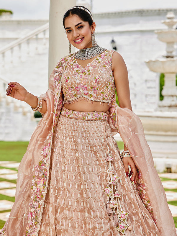 Nude Satin Silk Sequins & Embroidery Lehenga Choli with Ethnic Dupatta – 4 Meter Flair, Fully Stitched ClothsVilla