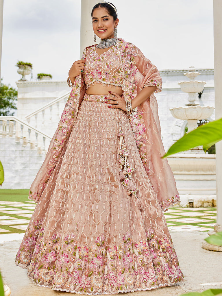 Nude Satin Silk Sequins & Embroidery Lehenga Choli with Ethnic Dupatta – 4 Meter Flair, Fully Stitched ClothsVilla