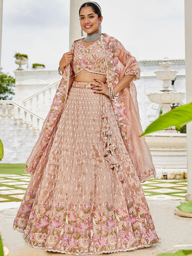 Nude Satin Silk Sequins & Embroidery Lehenga Choli with Ethnic Dupatta – 4 Meter Flair, Fully Stitched ClothsVilla