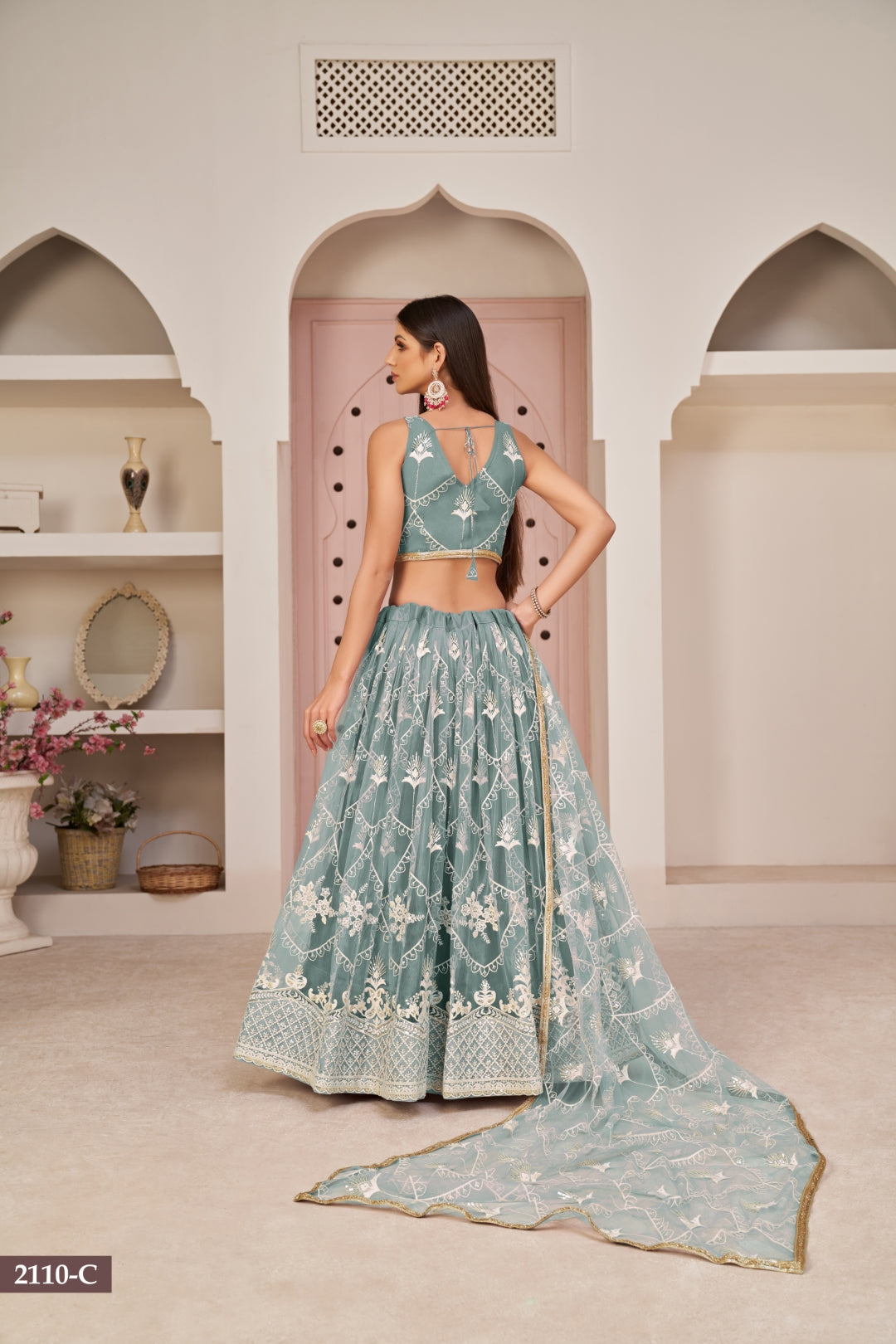 Ocean Blue Butterfly Net Lehenga with Elegant White Thread & Zari Embroidery ClothsVilla