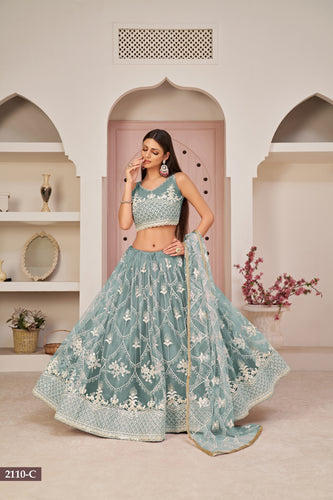 Ocean Blue Butterfly Net Lehenga with Elegant White Thread & Zari Embroidery ClothsVilla