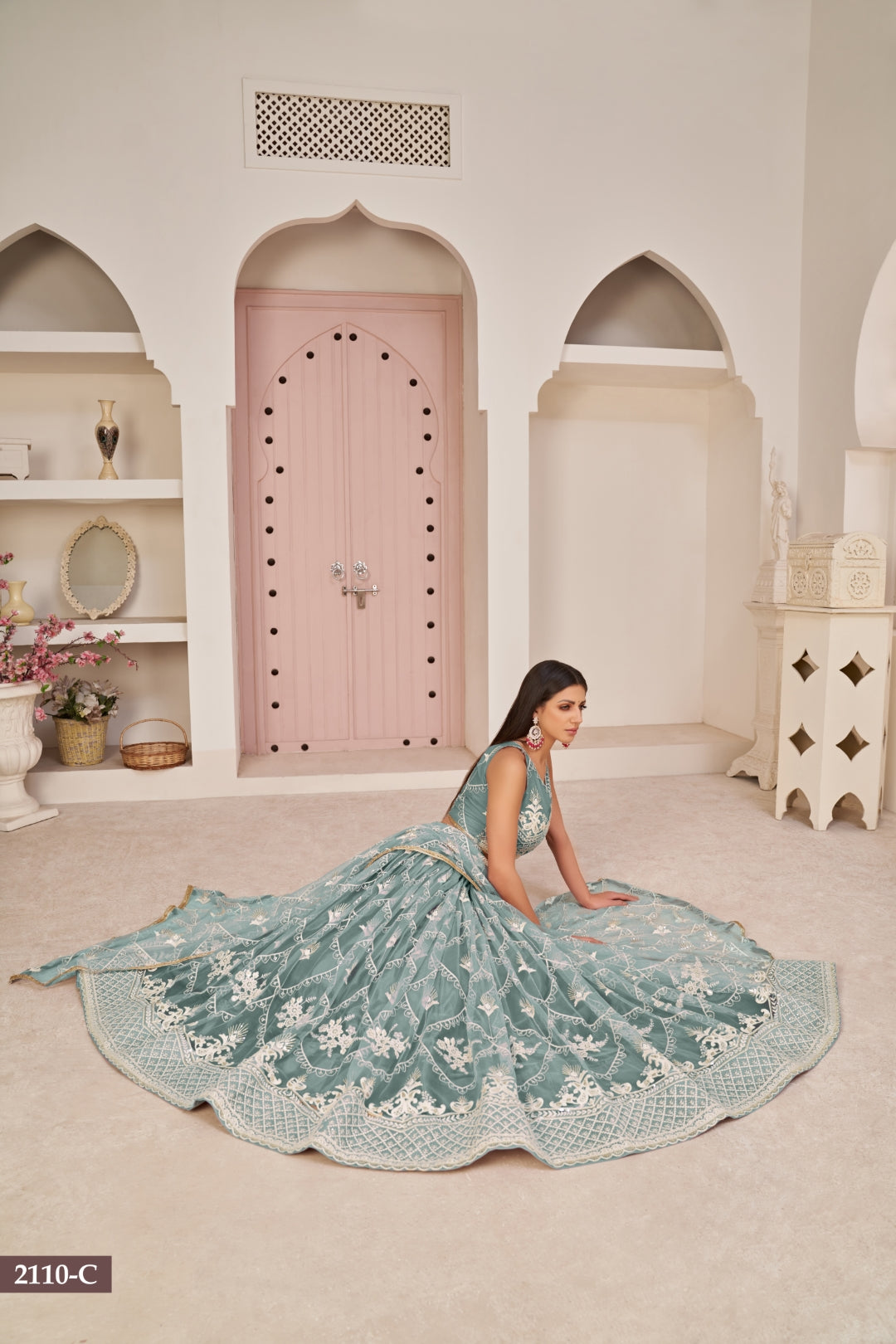 Ocean Blue Butterfly Net Lehenga with Elegant White Thread & Zari Embroidery ClothsVilla