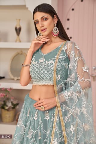 Ocean Blue Butterfly Net Lehenga with Elegant White Thread & Zari Embroidery ClothsVilla