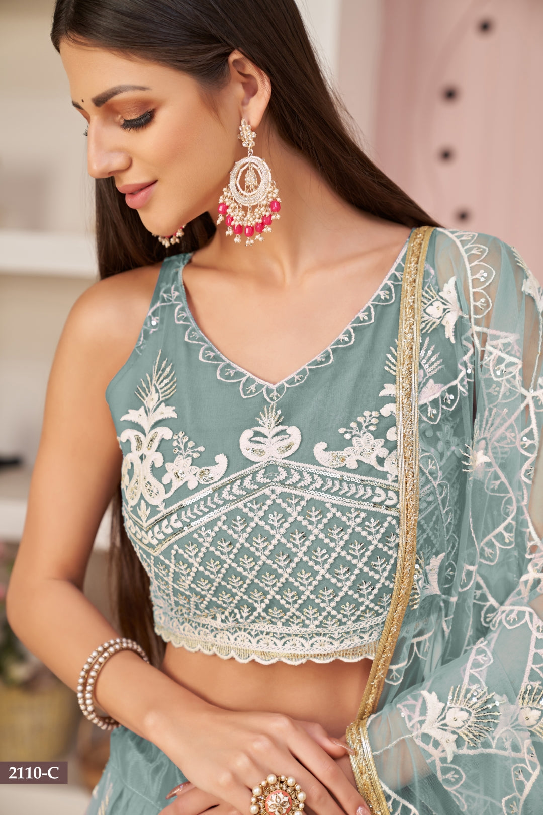 Ocean Blue Butterfly Net Lehenga with Elegant White Thread & Zari Embroidery ClothsVilla