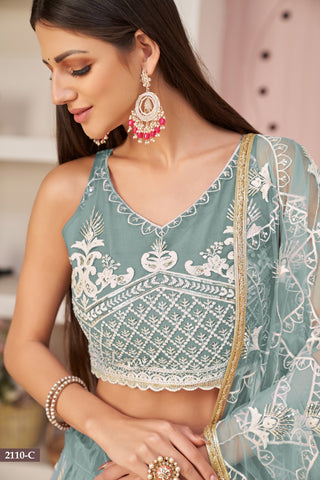 Ocean Blue Butterfly Net Lehenga with Elegant White Thread & Zari Embroidery ClothsVilla