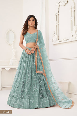 Ocean Blue Butterfly Net Lehenga with Tone-to-Tone Thread Work and Mirror Embroidery ClothsVilla