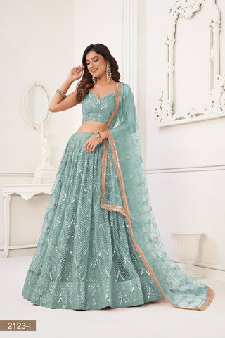 Ocean Blue Butterfly Net Lehenga with Tone-to-Tone Thread Work and Mirror Embroidery ClothsVilla