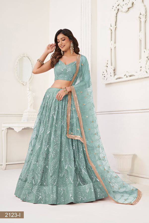Ocean Blue Butterfly Net Lehenga with Tone-to-Tone Thread Work and Mirror Embroidery ClothsVilla