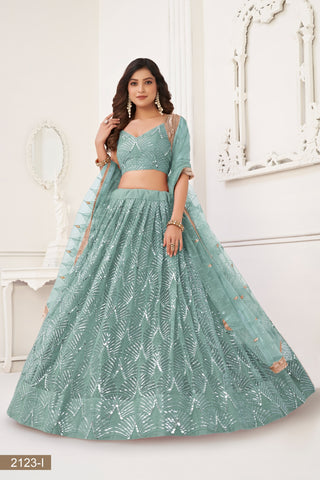 Ocean Blue Butterfly Net Lehenga with Tone-to-Tone Thread Work and Mirror Embroidery ClothsVilla