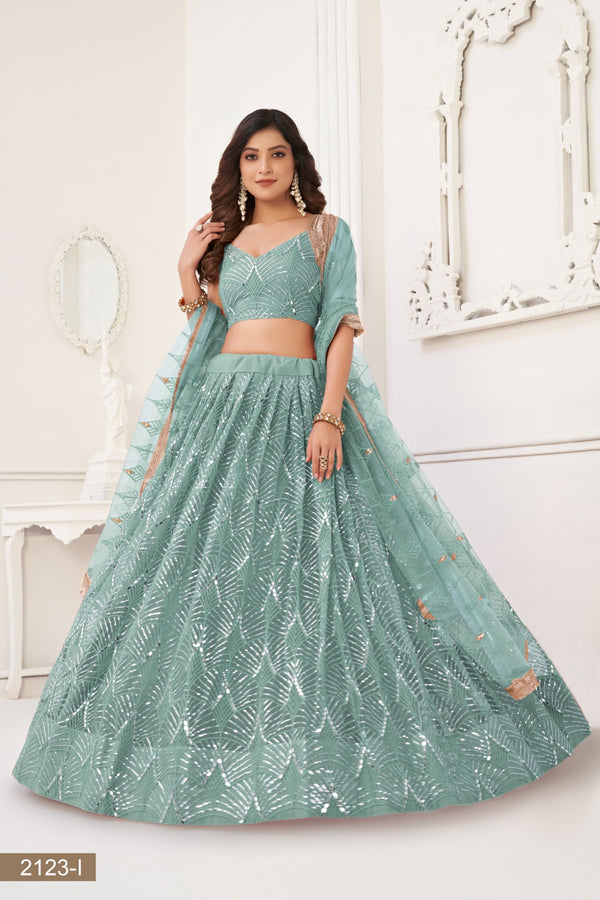 Ocean Blue Butterfly Net Lehenga with Tone-to-Tone Thread Work and Mirror Embroidery ClothsVilla