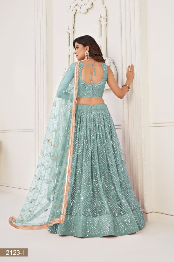 Ocean Blue Butterfly Net Lehenga with Tone-to-Tone Thread Work and Mirror Embroidery ClothsVilla