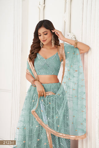Ocean Blue Butterfly Net Lehenga with Tone-to-Tone Thread Work and Mirror Embroidery ClothsVilla
