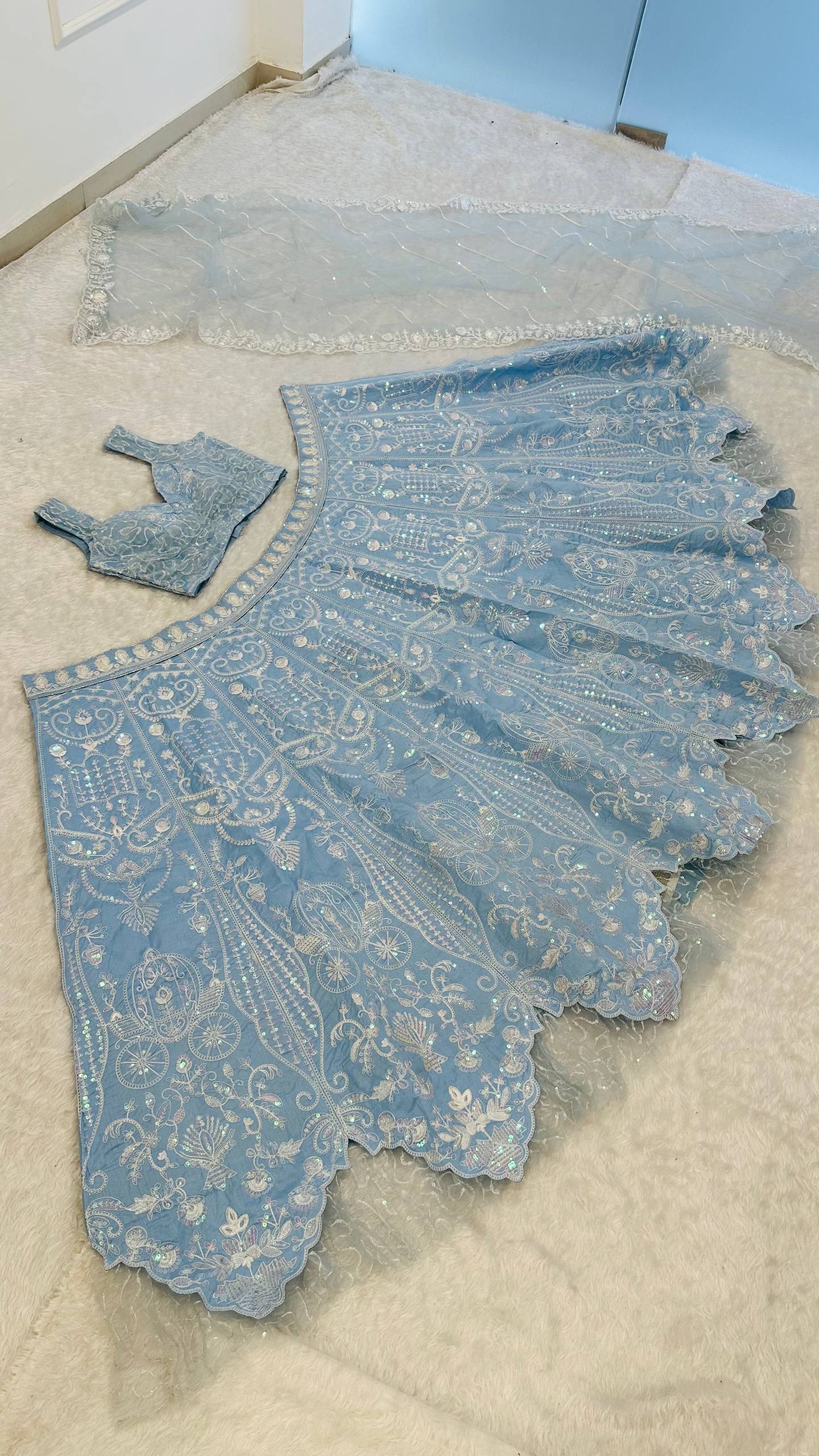 Ocean Blue Rainbow Sequins Silk Lehenga Choli ClothsVilla