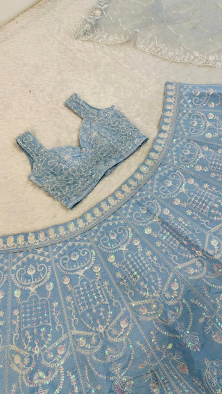 Ocean Blue Rainbow Sequins Silk Lehenga Choli ClothsVilla