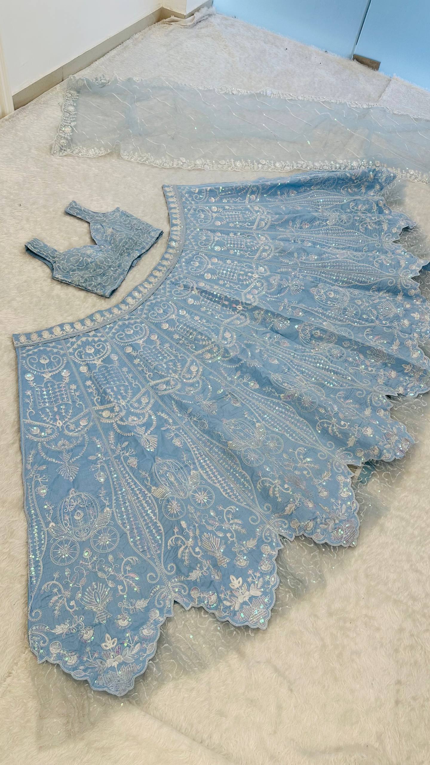 Ocean Blue Rainbow Sequins Silk Lehenga Choli ClothsVilla