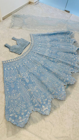 Ocean Blue Rainbow Sequins Silk Lehenga Choli ClothsVilla