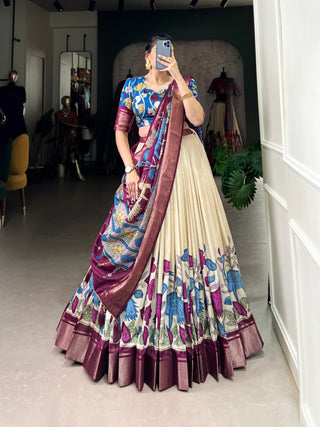 Off White Anusha Kalamkari Dola Silk Lehenga Set with Zari Weaving Border