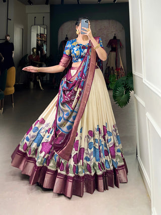 Off White Anusha Kalamkari Dola Silk Lehenga Set with Zari Weaving Border