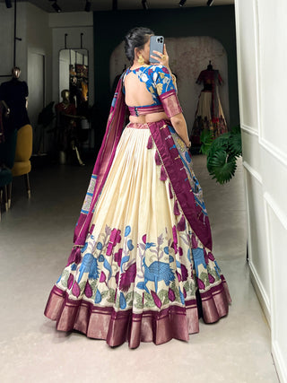 Off White Anusha Kalamkari Dola Silk Lehenga Set with Zari Weaving Border