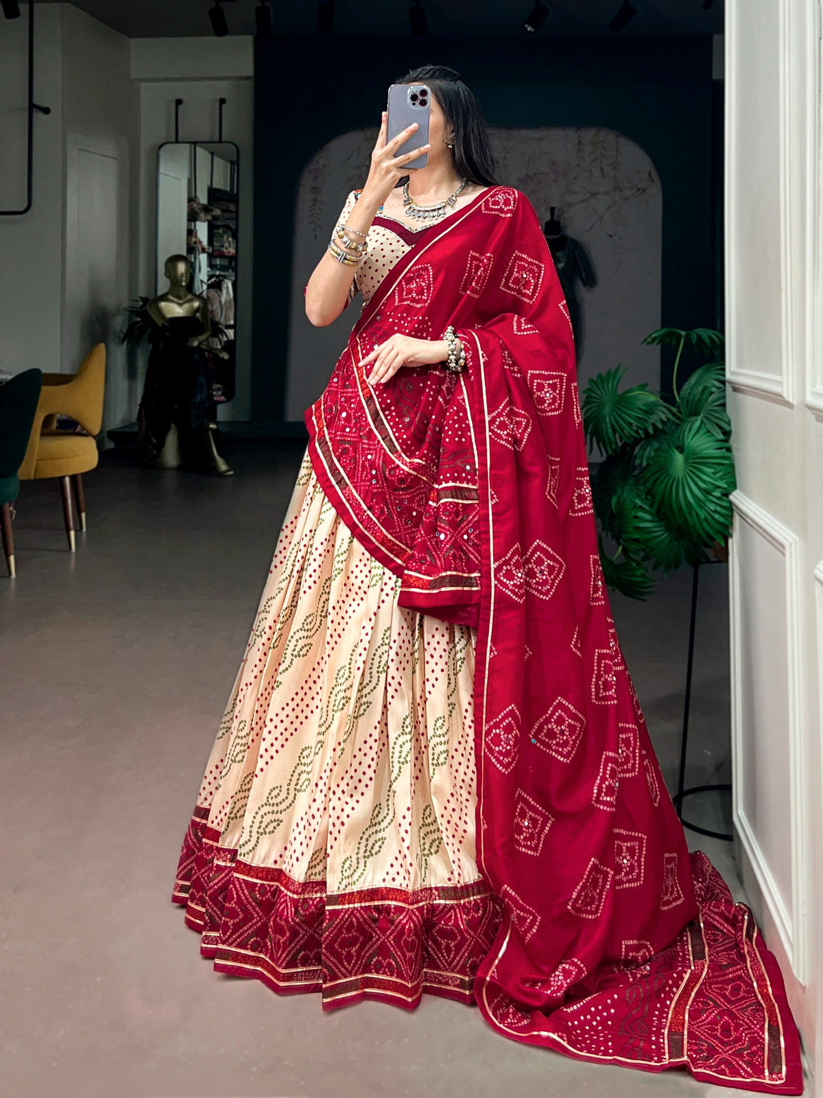 Off White Bandhej Print Lehenga ClothsVilla
