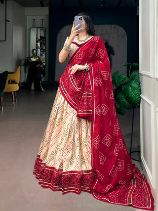 Off White Bandhej Print Lehenga ClothsVilla
