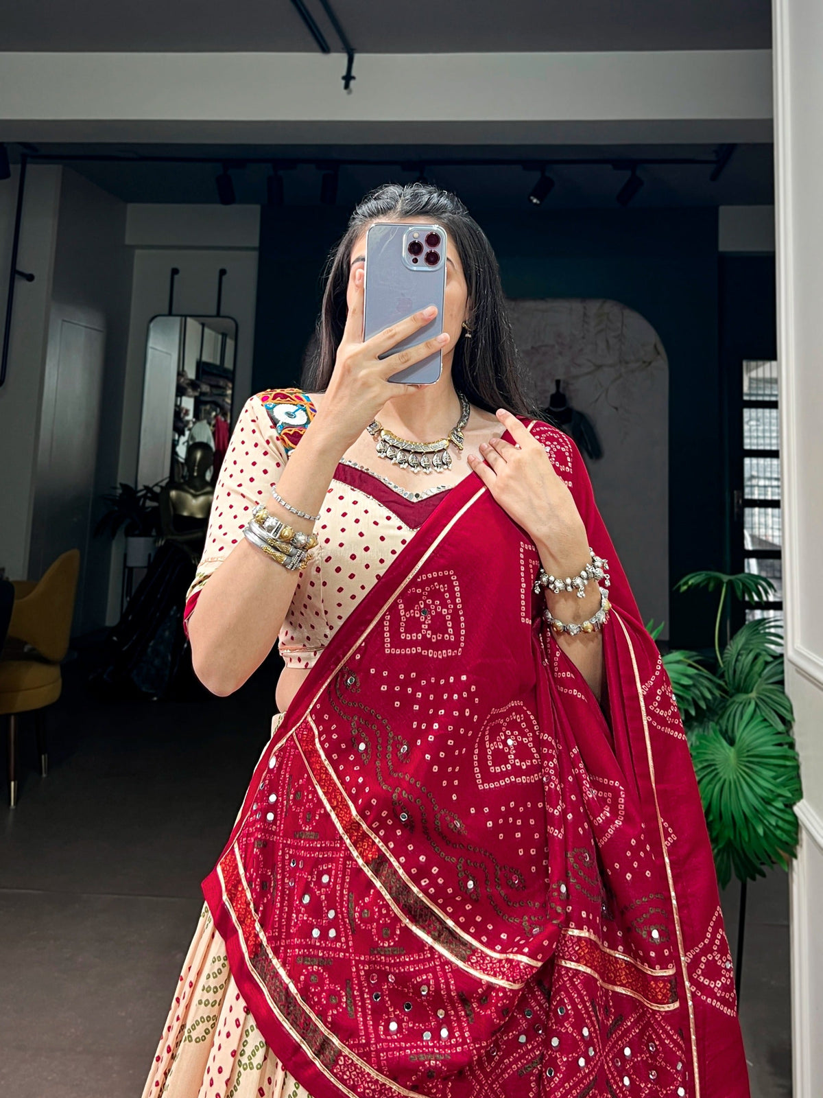 Off White Bandhej Print Lehenga ClothsVilla