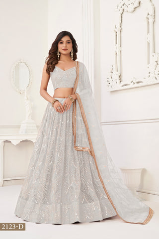 Off White Butterfly Net Lehenga with Tone-to-Tone Thread Work and Mirror Embroidery ClothsVilla
